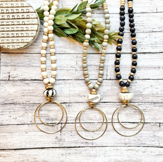Long White Wood Bead Necklace Pendant Beaded Necklace Black