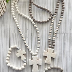 Cross necklace, Beaded cross necklace, white wood beads, gray wood beads, Cross Pendant Necklace with silver, faith jewelry.