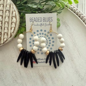 White and black statement earrings, boho wood beaded statement earrings, wood earrings handmade, white wood dangle earrings, gift for wife.