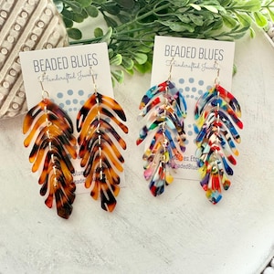 Feather acrylic earrings, rainbow leaf earrings, tortoise statement earrings, fun summer earrings, colorful leaf earrings for her.