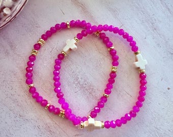 Pink Beaded Cross Bracelet, hot pink stacking cross bracelet Everyday Style, birthday Gift for Her, Mothers Day Gift for Christian Jewelry.