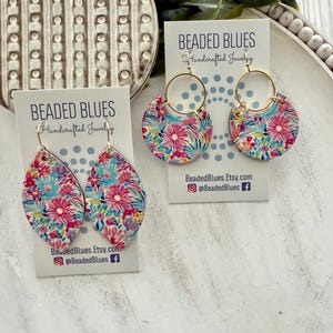 Floral leather earrings, tropical leather earrings, summer earrings, flower hot pink and blue leather earrings, beachy statement earrings.