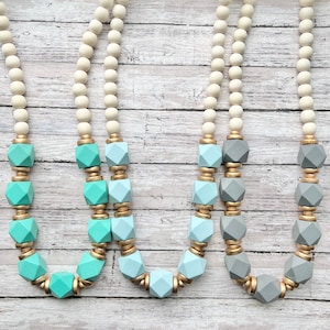 Mint green necklace, Beaded statement necklace. Turquoise. Sky blue. Gray. Geometric wood bead statement lightweight necklace.Carolina blue.