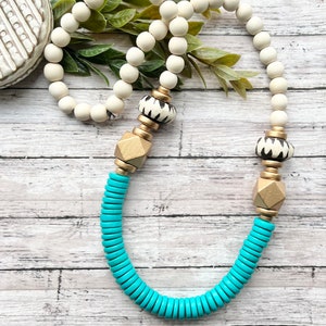 Turquoise statement necklace. Turquoise beaded Necklace, Wood turquoise beaded statement necklace,  African bone bead.