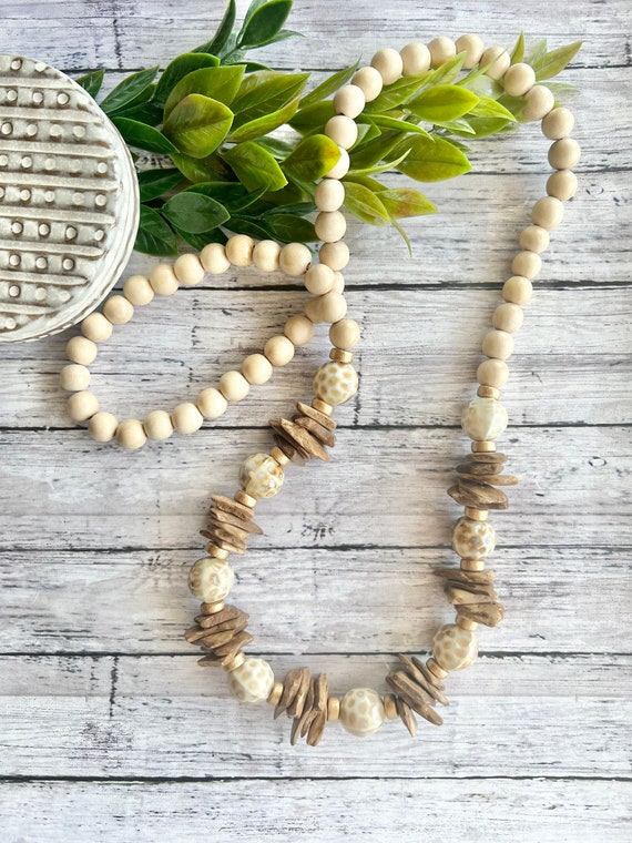 Neutral statement necklace honey beige wood necklace coconut chip bead wood statement necklace