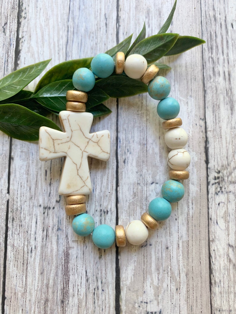 Cross Beaded Bracelet. Stone Chunky Cross Bracelet. Religious Etsy