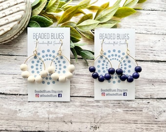 White wood bead earrings, navy wood hoop earrings, White hoop earrings, navy earrings, hoop beaded earrings.