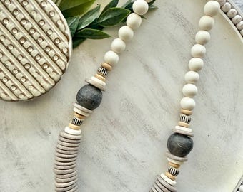 Neutral Boho Handmade Beaded Necklace, Wood Statement Jewelry, Earthy Modern Minimalist Necklace, unique Artisan Gift for Mom