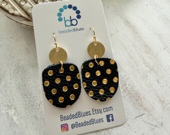 Black and gold polka dot leather earrings, Black and gold earrings, gold polka dot earrings.