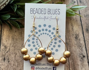 Gold wood hoop earrings, Gold circle earring, Lightweight gold wood earrings, Wire hoop earrings for her.