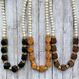 Chunky brown wood necklace, Black beaded necklace, cognac brown wood beaded necklace, lightweight wood necklace, boho handmade necklace.