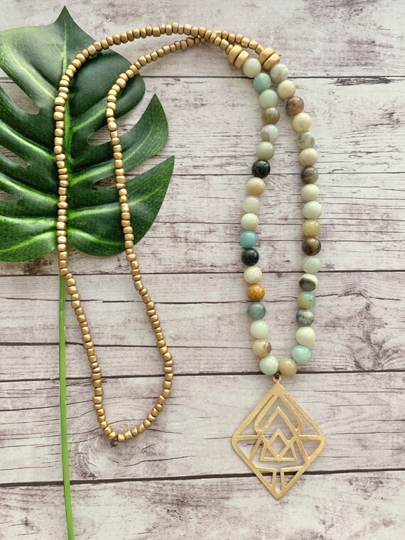 Gold Geometric diamond Pendant. Gemstone amazonite beads. | Etsy