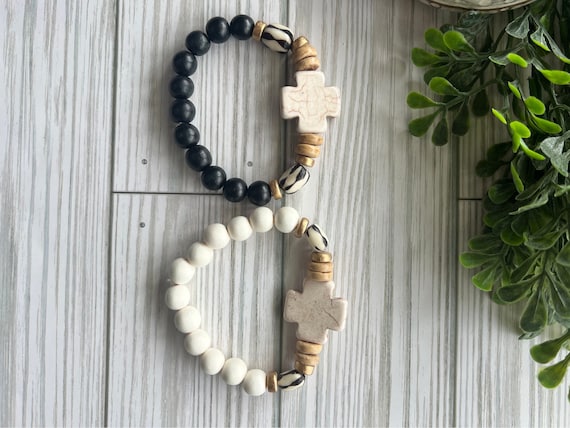 Stone cross bracelet, stacking cross stretchy bracelet, boho cross bracelet, gift for Christian woman.