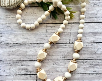 Neutral statement necklace. Chunky neutral Wood Bead Necklace. Lightweight beaded necklace. Gold. White. Cream. Neutral.
