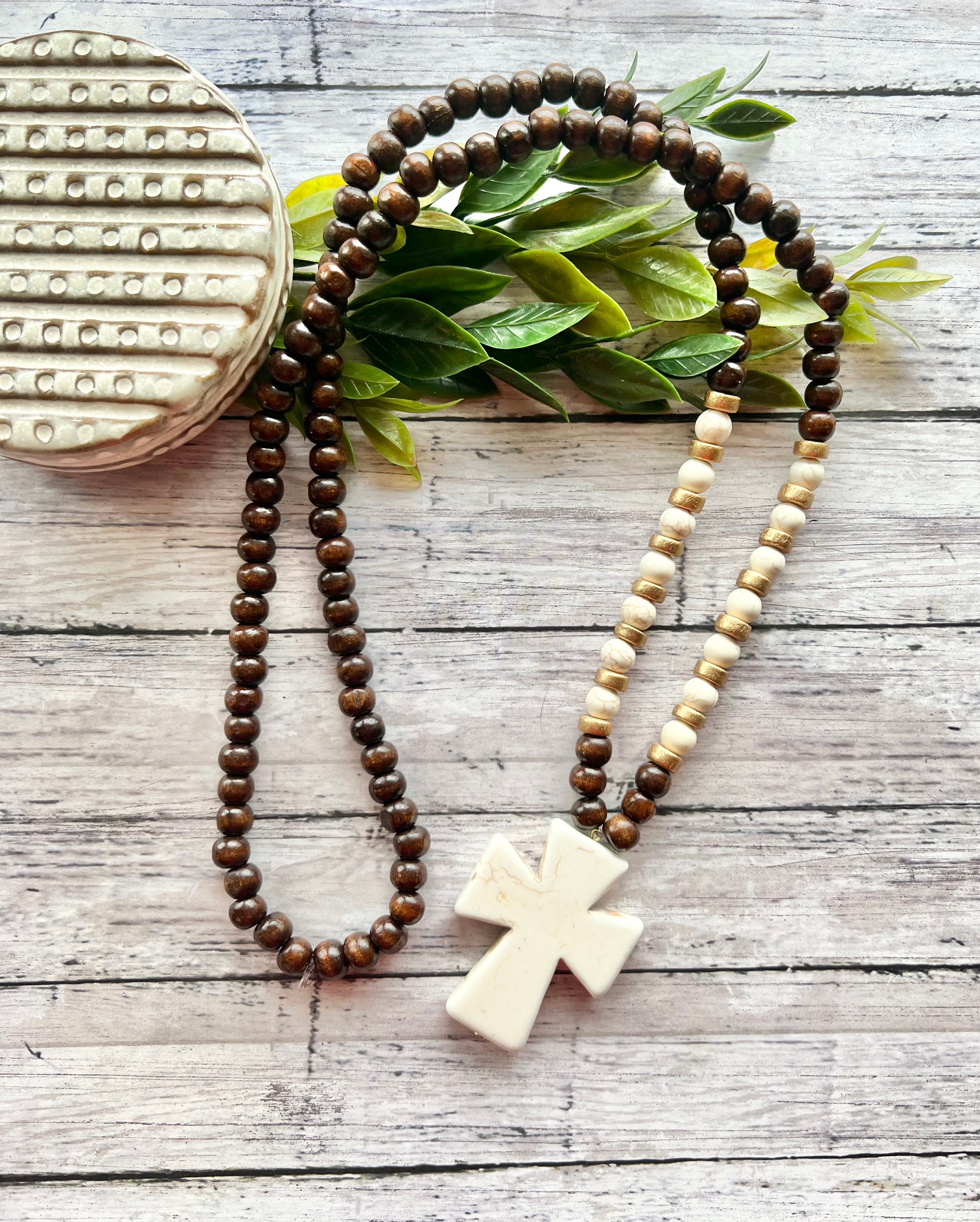 Stone Cross Necklace, Beaded Long Necklace, Dark Brown Wood Bead 