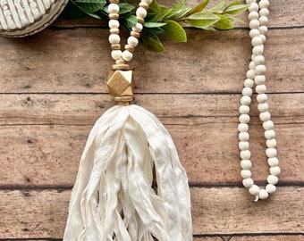 Cream silk tassel necklace, long tassel necklace, Neutral tassel necklace, Long fabric Tassel Necklace.