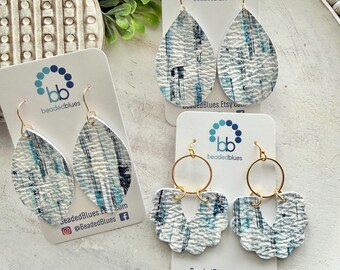 Blue leather earrings, Ocean blue water color striped large petal earrings, genuine leather handmade gift for sister mom girlfriend.