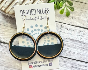 Navy blue earrings, navy leather earrings, gold and navy blue  earrings, Christmas gift for mom, gift for teacher friend wife sister.