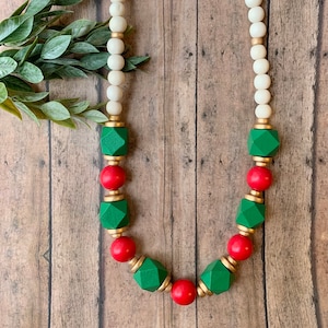 Green and Red Necklace, Christmas necklace, Green red Wood Beaded Necklace, Lightweight Christmas statement necklace.