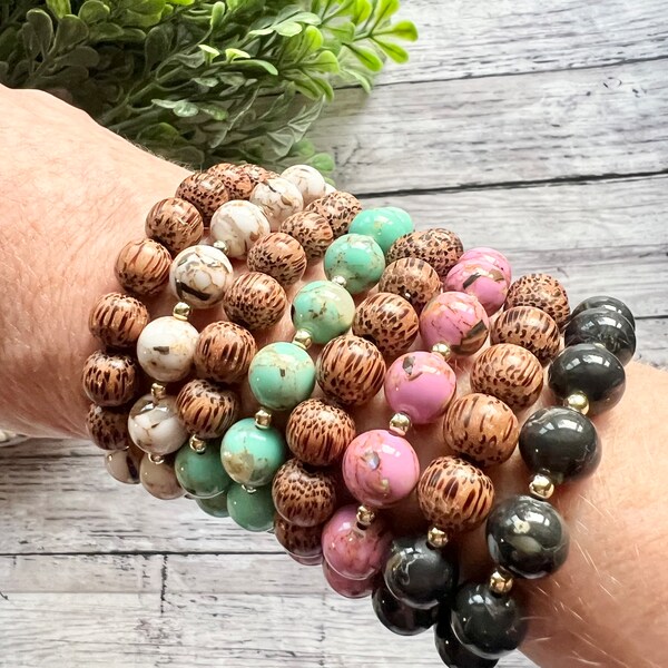 Wood and gemstone bead bracelet, bead stack, mosaic beads, mint mauve bracelet, black gray bracelet, gift for her wife girlfriend mom daught