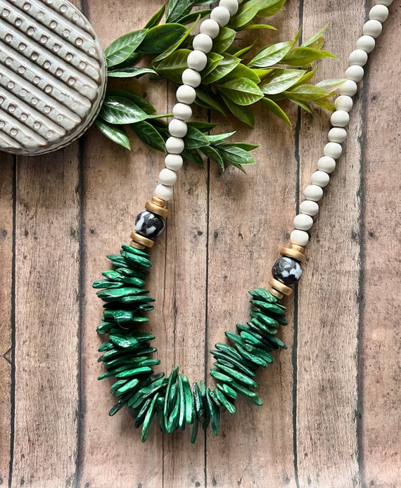 Green Beaded Necklace, Green Statement Necklace, Chunky Green Wood