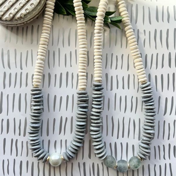 Gray beaded necklace, gray glass beads, Light gray long necklace, gray Statement Necklace, Gray and white, gift for her, for mom, handmade.