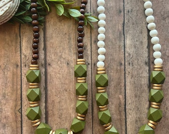 Olive green statement necklace, fall wood bead necklace, chocolate Brown necklace, olive green necklace, lightweight wood necklace.