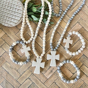 Cross necklace, Beaded cross necklace, white wood beads, gray wood beads, Cross Pendant Necklace with silver.