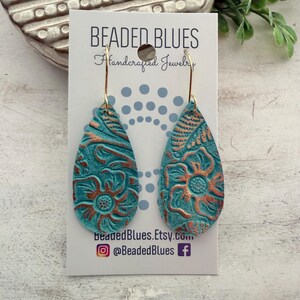 Turquoise leather earring, turquoise gold western floral leather earring, gold embossed leather, large petal earring, gift for girlfriend. image 3