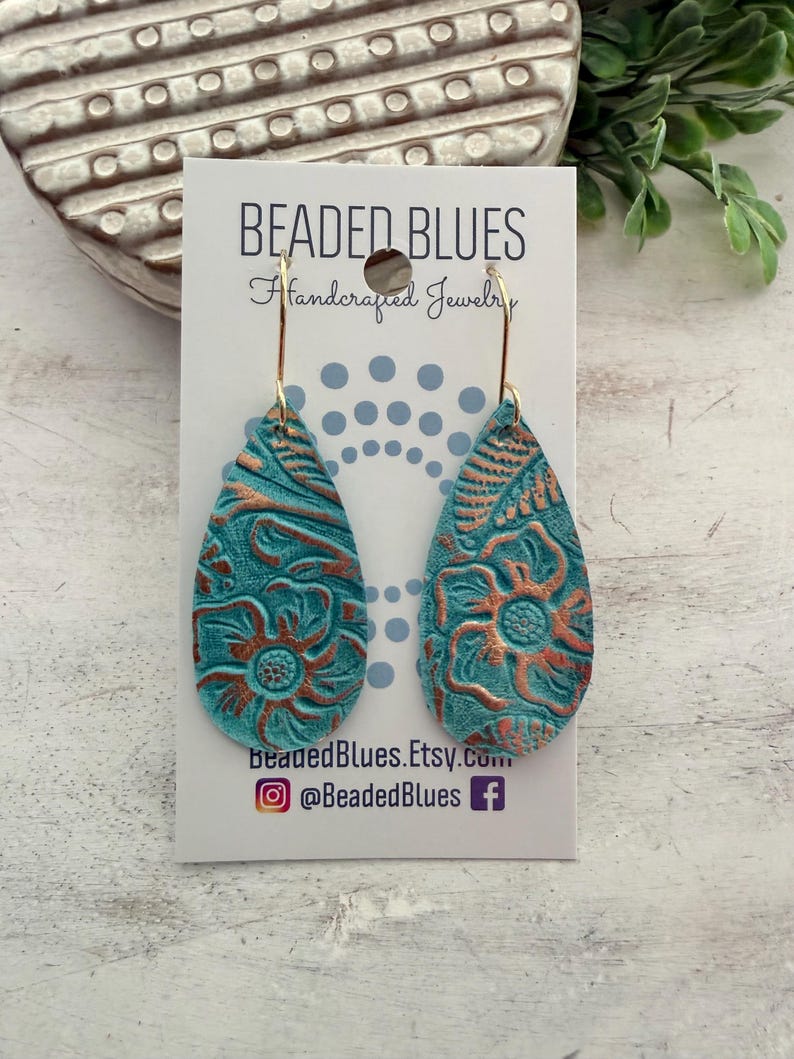 Turquoise leather earring, turquoise gold western floral leather earring, gold embossed leather, large petal earring, gift for girlfriend. image 3