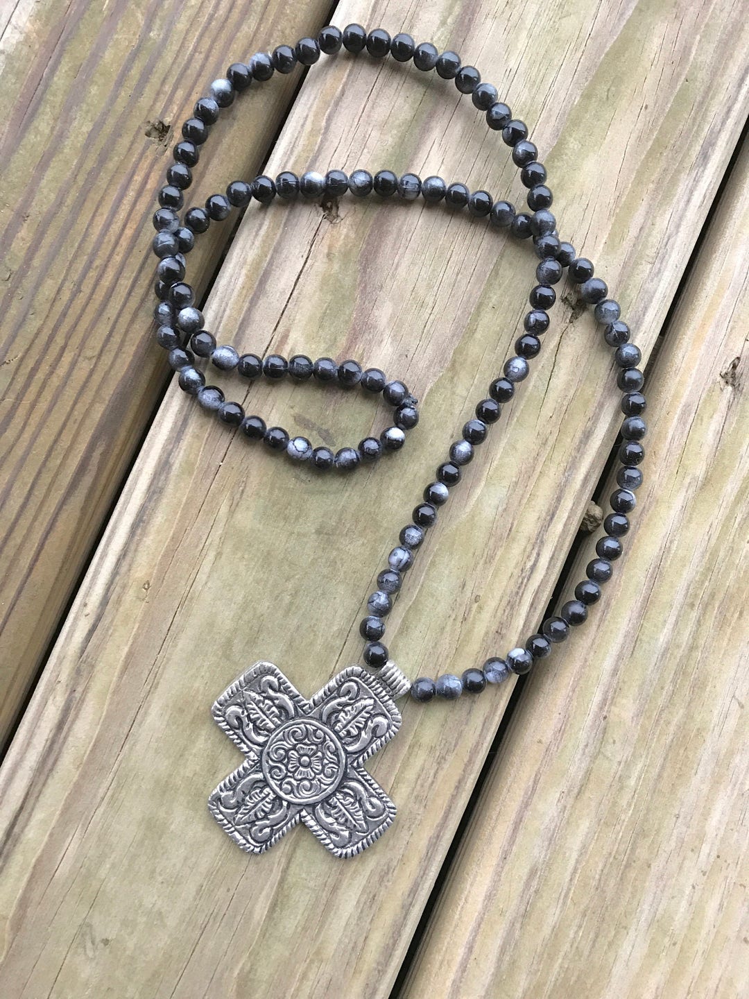 Large Silver Cross Necklace. Chunky Cross Necklace. Long Black Etsy