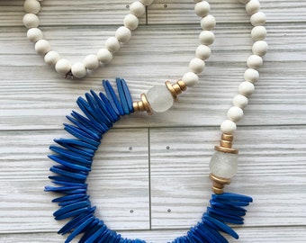 Blue beaded necklace, Royal blue statement necklace, blue and white wood bead necklace, gift for mom, necklace gift for her.