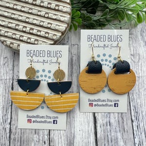 Navy and yellow earrings, navy blue and gold leather earrings, drop geometric earrings for women, game day for wife, for college daughter.