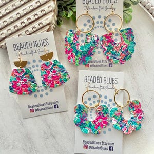 Floral leather earrings, tropical leather earrings, summer earrings, flower hot pink and green and blue leather earrings, Mothers Day gift.
