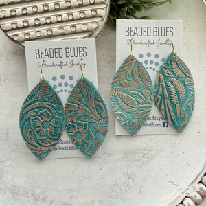 Turquoise leather earring, turquoise gold western floral leather earring, gold embossed leather, large petal earring, gift for girlfriend. image 2