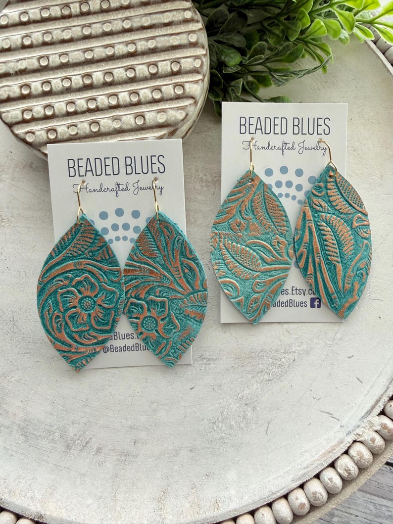 Turquoise leather earring, turquoise gold western floral leather earring, gold embossed leather, large petal earring, gift for girlfriend. image 2