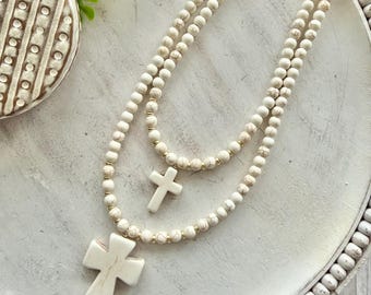 White Cross Necklace Beaded, Faith Jewelry Neutral Stone Cross Pendant, Christian Gift for Women, Baptism Comfirmation Jewelry Gift.
