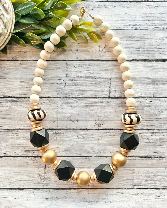 Short Black Statement Necklace, Black and White Beaded Necklace