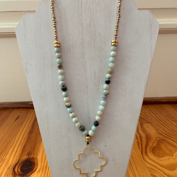 Quatrefoil Pendant necklace. Gemstone amazonite beads.  Gold matte glass seed beads. Long Necklace. Long Hand-knotted.