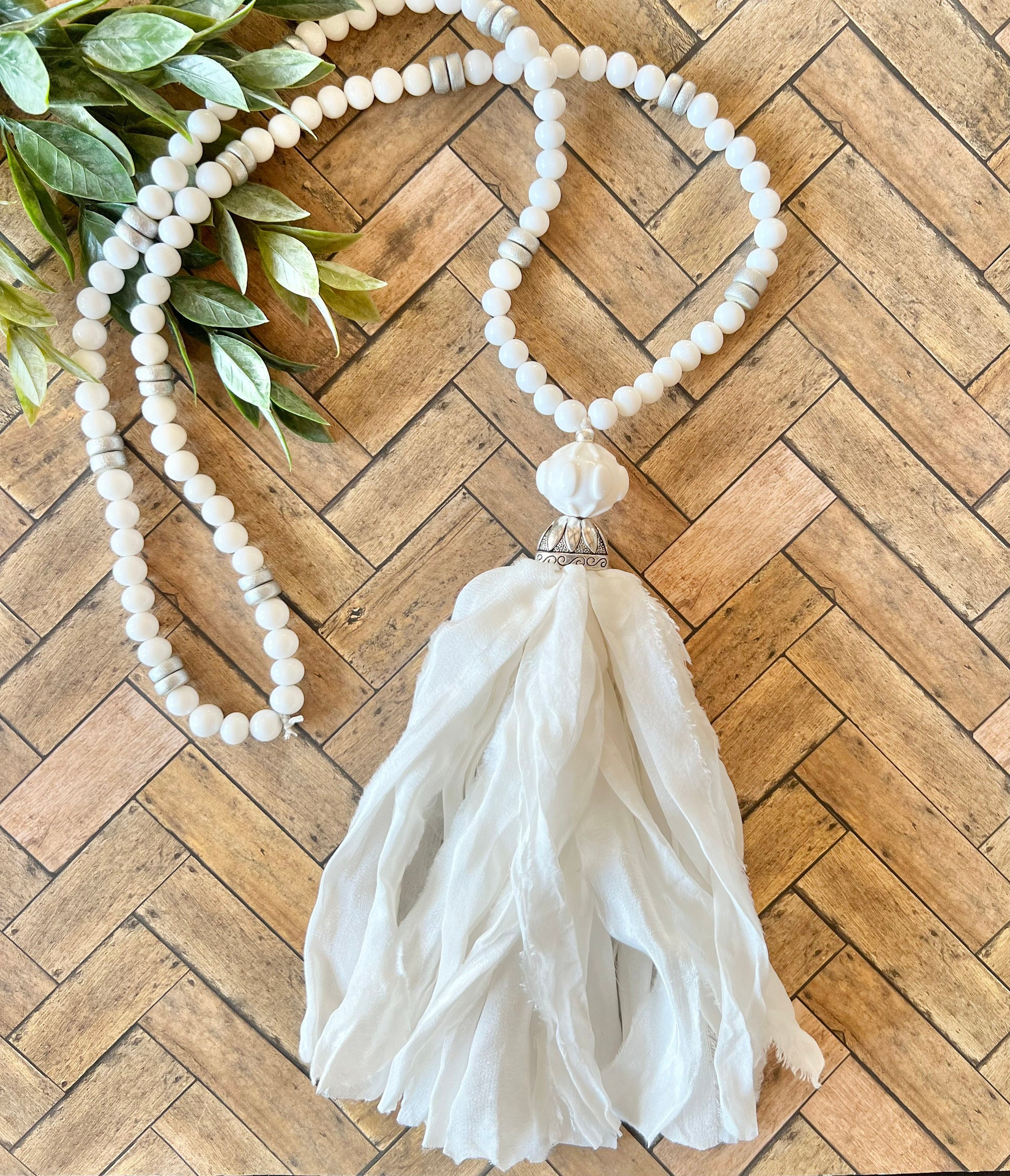 White Tassel Necklace. Silk Fabric 