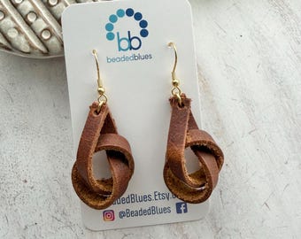 Leather knot earrings, genuine leather earrings, everyday earrings for mom, birthday gift earrings for wife, for friend, for teacher.