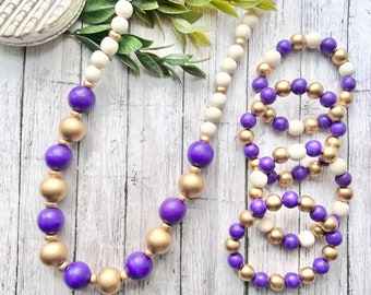 Purple Gold beaded Necklace, Purple statement necklace, Purple and Gold, Lightweight Purple statement necklace. Clemson. LSU. ECU.