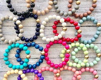 Wood beaded bracelet, stretchy wood bead bracelet, black, Blue, Hot Pink, Gray, White, green, Peach, Coral, Mint Green, Purple, Navy, tan.