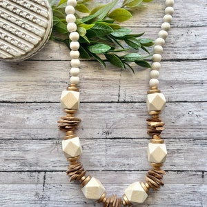 Beaded neutral statement necklace, White Wood Chunky Bead Necklace, dark tan beaded necklace, Coconut chip beads. Light brown, gold, Cream.