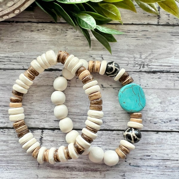 Turquoise Beaded bracelet, brown wood bracelet, boho bracelet stack, gift for mom, wife, friend, handmade bracelet.