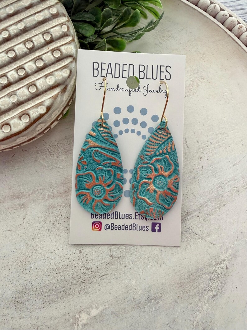Turquoise leather earring, turquoise gold western floral leather earring, gold embossed leather, large petal earring, gift for girlfriend. Skinny Teardrop