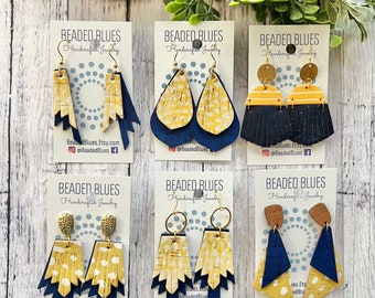 Navy and yellow earrings, navy blue and gold earrings, yellow and navy blue drop earring, geometric earrings, fringe earrings, gift for her.