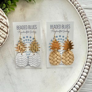 Leather pineapple Earrings, white and gold earrings, fun summer earrings, tan and gold pineapple earrings.
