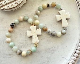 Cross bracelet, Beaded cross bracelet, stone beaded cross bracelet, Christian jewelry, faith bracelet, Mothers Day gift for Christian.