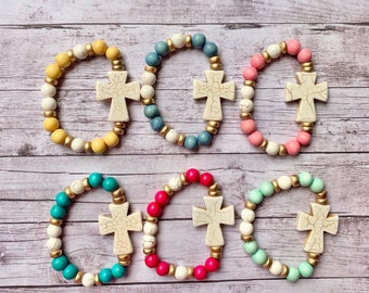 Cross Bracelet beaded colorful gift for her Easter Baptism Christmas, stacking cross beaded bracelet pink blue, Christian jewelry gift